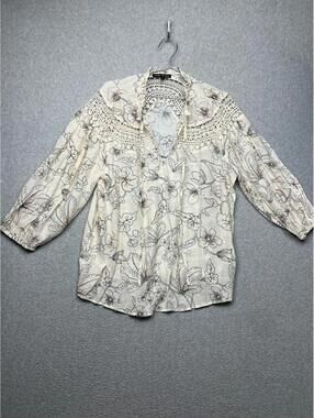 Como Black Lace Floral Tunic Pullover Blouse XL Boho Neutral Lagenlook Prairie
